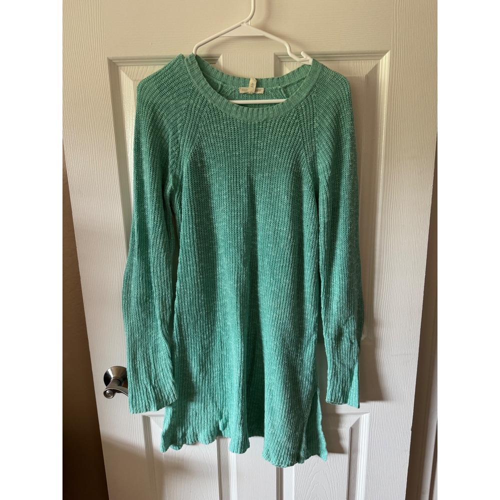 Eileen Fisher Tunic Sweater Women XS Green Organic Linen Cotton Open Knit R18XQI